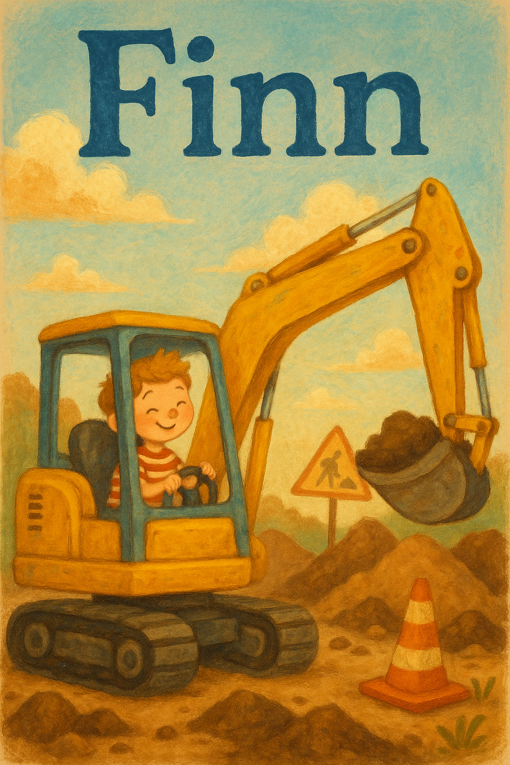 Bagger-Baustelle Poster mit Namen Finn