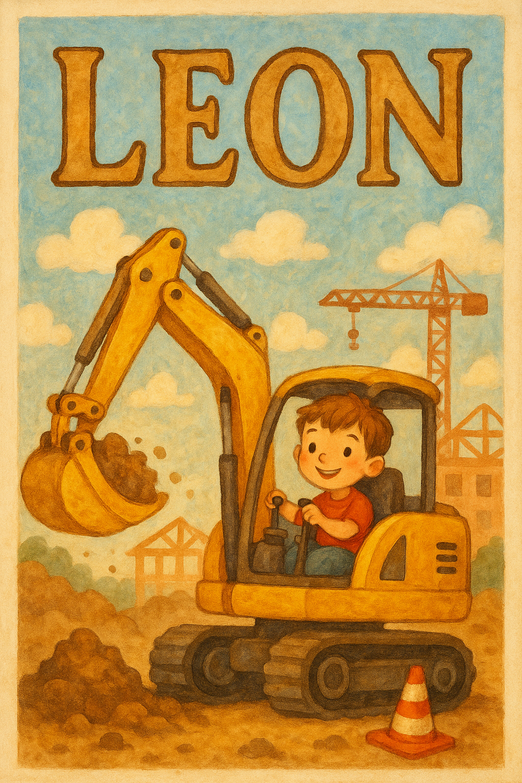 Bagger-Baustelle Poster mit Namen Leon