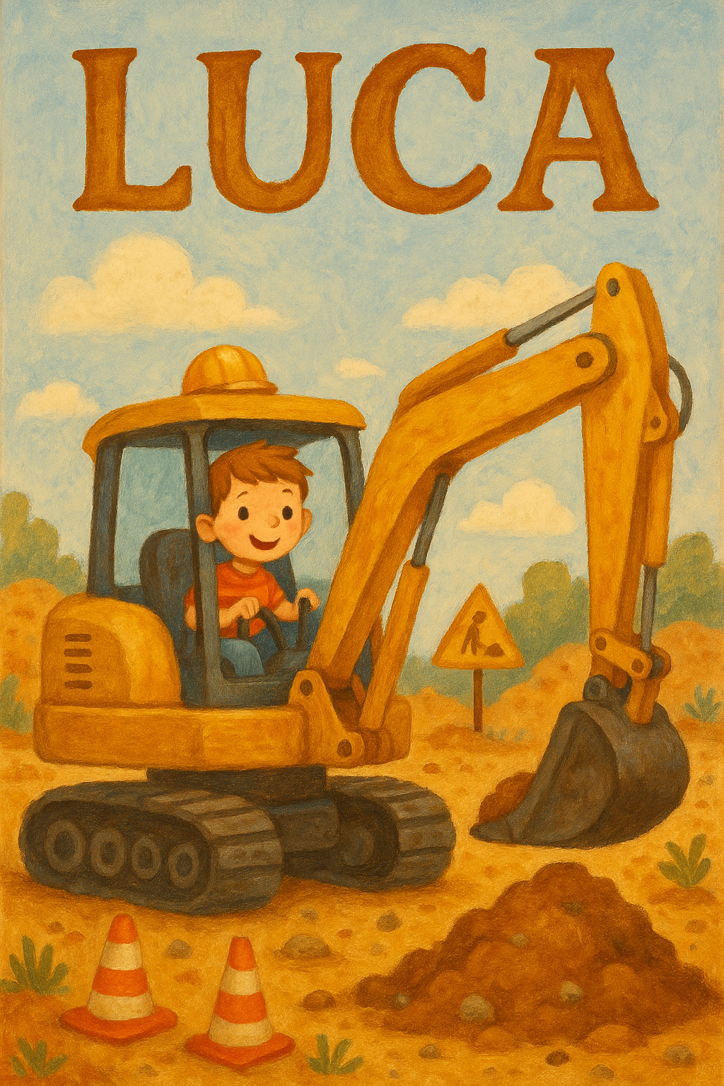 Bagger-Baustelle Poster mit Namen Luca