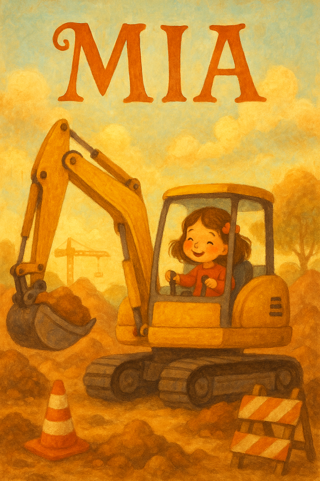 Bagger-Baustelle Poster mit Namen Mia