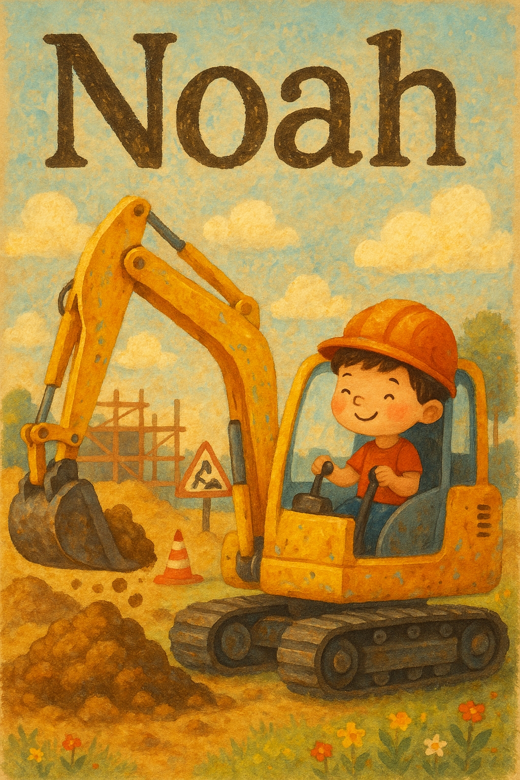 Bagger-Baustelle Poster mit Namen Noah
